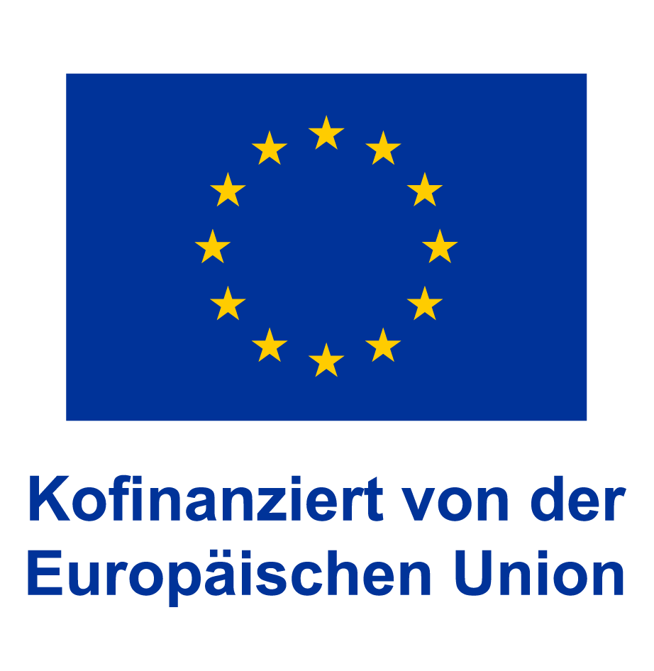 Blaues EU Logo mit gelben Sternen, inkl. Schriftzug "Kofinanziert von der Europäischen Union"